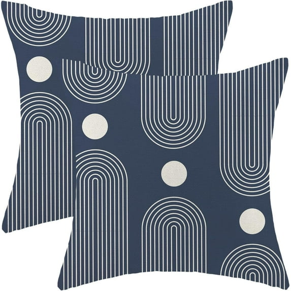 Boho Mid Century Pillow Covers 18x18 Inch Set of 2, Abstract Simple Navy Blue Decorative Throw Pillowcase Boho Modern Outdoor Farmhouse Cushion Cover for Sofa Couch Bed Living Room Decor
