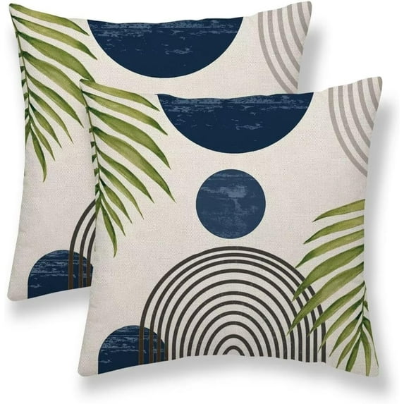 Boho Mid Century Pillow Covers 18x18 Set of 2, Outdoor Navy Blue Aesthetic Decorative Throw Pillow Covers Abstact Navy Blue Sunset Cushion Case for Bed Couch Sofa Home Summer Decor