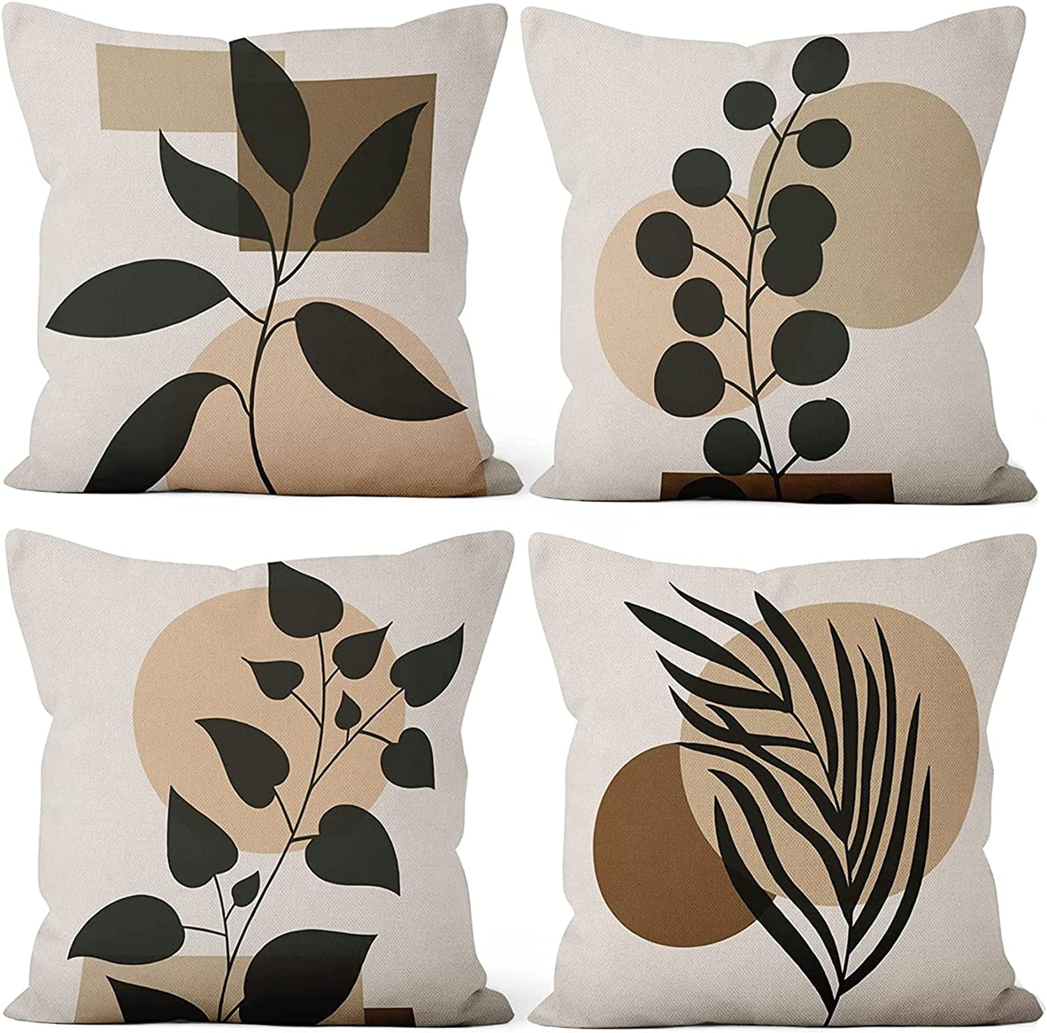 CDWERD Boho Throw Pillow Covers 18x18 Inch Set of 4 Boho Modern Farmhouse  Neutral Decorative Pillowcases Faux Leather and Linen Cushion Case for