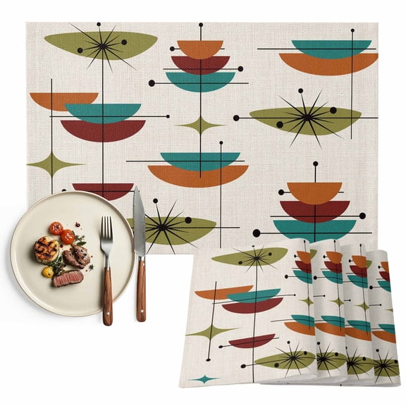 Boho Mid Century Placemats Set of 2, Turquoise Orange Abstract Geometric Table Mats Washable Heat-Insulation Non-Slip Place Mats for Kitchen Dinner Table Indoor Outdoor Decor,13x19 Inch