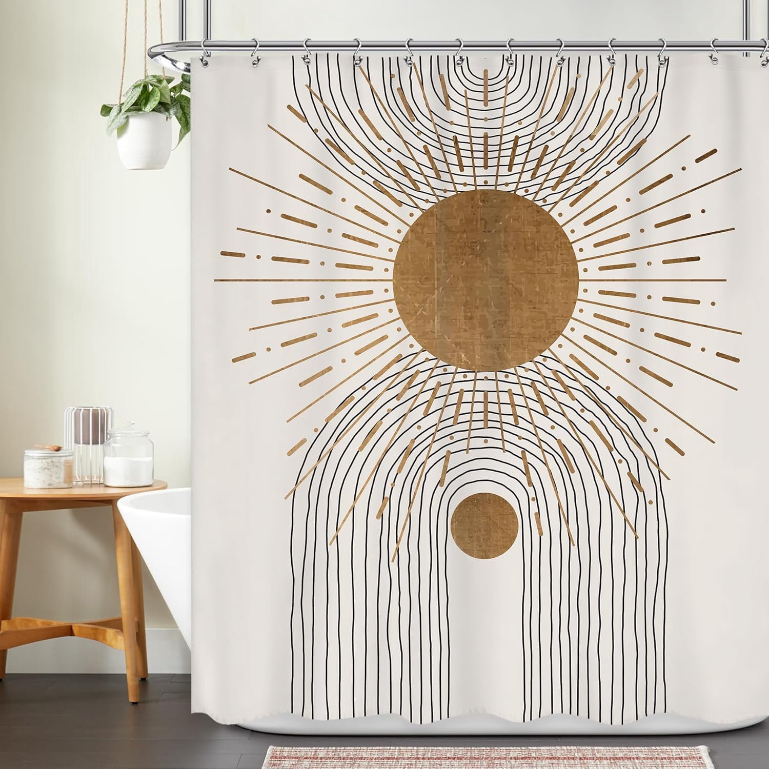 Boho Mid Century Shower Curtain 72Wx72L Inch Abstract Modern Beige Sun Arch Simple Line Geometric Minimalist Shower Curtain Bathroom Set Aesthetic Bath Curtain Bathtub Accessories Home Decor