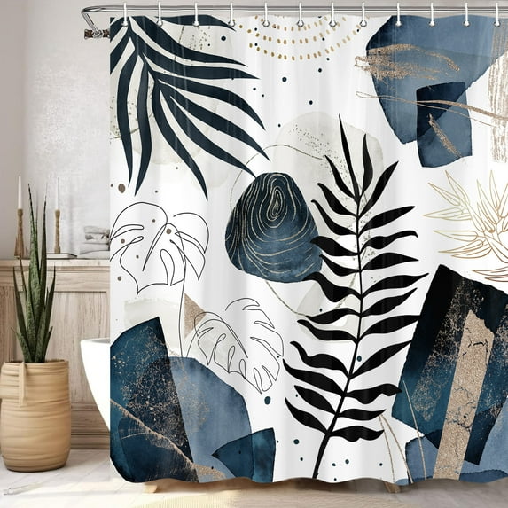 Boho Mid Century Shower Curtain, Abstract Minimalist Geometric Blue Leaves Aesthetic Modern Bathroom Cloth Fabric Waterproof Polyester Home Decor Set with Hooks,54X70IN