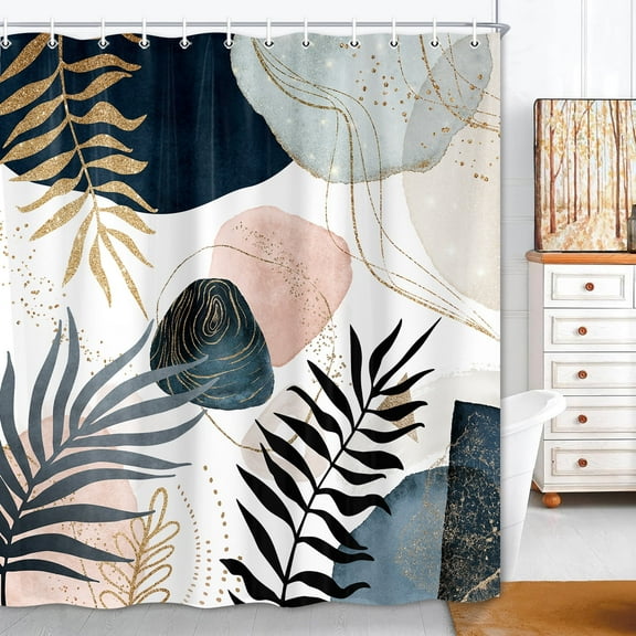 Boho Mid-Century Modern Shower Curtain - Abstract Geometric Leaves Pattern in Gold Pink Navy Blue, Polyester Bath Decor Set with Hooks 69x75 Inch