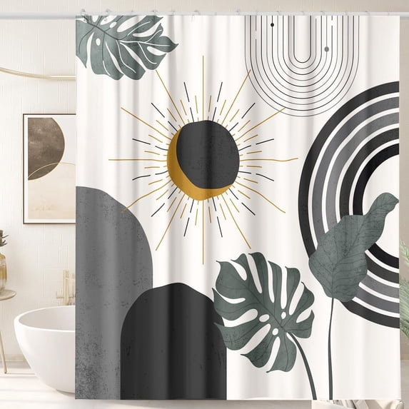 Boho Mid Century Shower Curtain Arch Sun Leaves Modern Minimalistic Decor Modern Bohemian Botanical Waterproof Black Bath Curtain Abstract Shower Curtain for Bathroom with 12 Hooks 72" x 72"