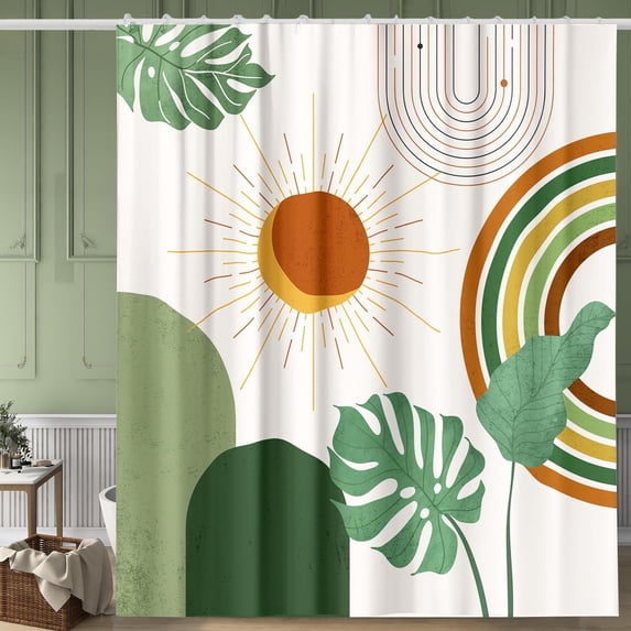 Boho Mid Century Shower Curtain Arch Sun Leaves Modern Minimalistic Decor Modern Bohemian Botanical Waterproof Green Bath Curtain Abstract Shower Curtain for Bathroom with 12 Hooks 72" x 72"