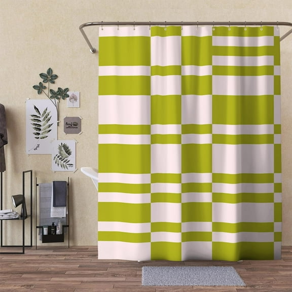 Boho Mid Century Shower Curtain, Minimalist Abstract Grid Simple Washable Waterproof Fabric for Bathroom Decor Bathtub with Hooks Grass Green 70"W x 72"L (Pack of 1)