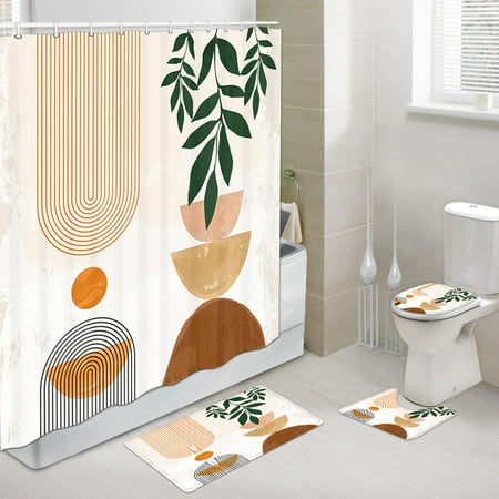 Boho Mid Century Shower Curtain Set with Hooks, Arch Sun Morden Geometric Minimalist Bathroom Sets with Shower Curtain and Non-Slip Rugs, Toilet Lid Cover and Bath Mat