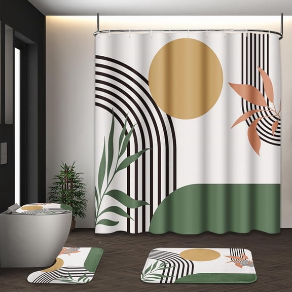 Boho Mid Century Shower Curtain Set with Toilet Lid Cover and Non-Slip Rugs, Abstract Geometric 4 Pcs Modern Minimalist Shower Curtain for Bathroom Set with 12 Hooks