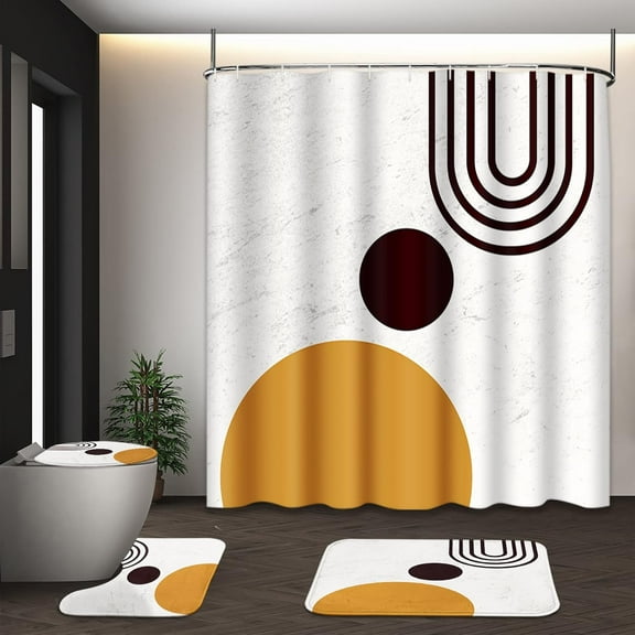 Boho Mid Century Shower Curtain Set with Toilet Lid Cover and Non-Slip Rugs, Botanical Wall Art 4 Pcs Shower Curtain Set, Minimalist Geometric Bathroom Set Decor with 12 Hooks