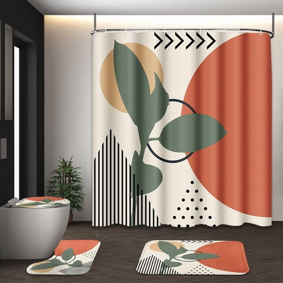 Boho Mid Century Shower Curtain Set with Toilet Lid Cover and Non-Slip Rugs, Botanical Wall Art 4 Pcs Shower Curtain Set, Minimalist Geometric Bathroom Set Decor with 12 Hooks