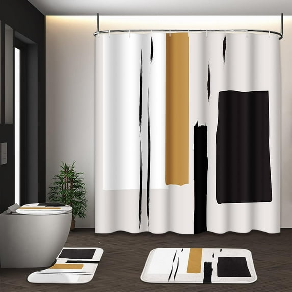 Boho Mid Century Shower Curtain Set with Toilet Lid Cover and Non-Slip Rugs, Modern Abstract 4 Pcs Yellow Sun Minimalist Shower Curtain for Bathroom Set with 12 Hooks
