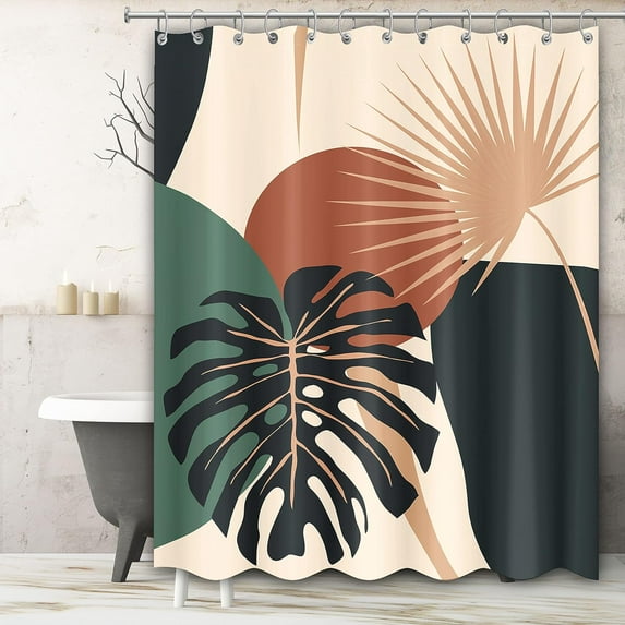 Boho Mid Century Shower Curtains Fabric Modern Minimalist Shower Curtain Abstract Palm Leaves Monstera Waterproof Bathroom Decor Accessories Set with Hooks,72x72 Inch,Terracotta