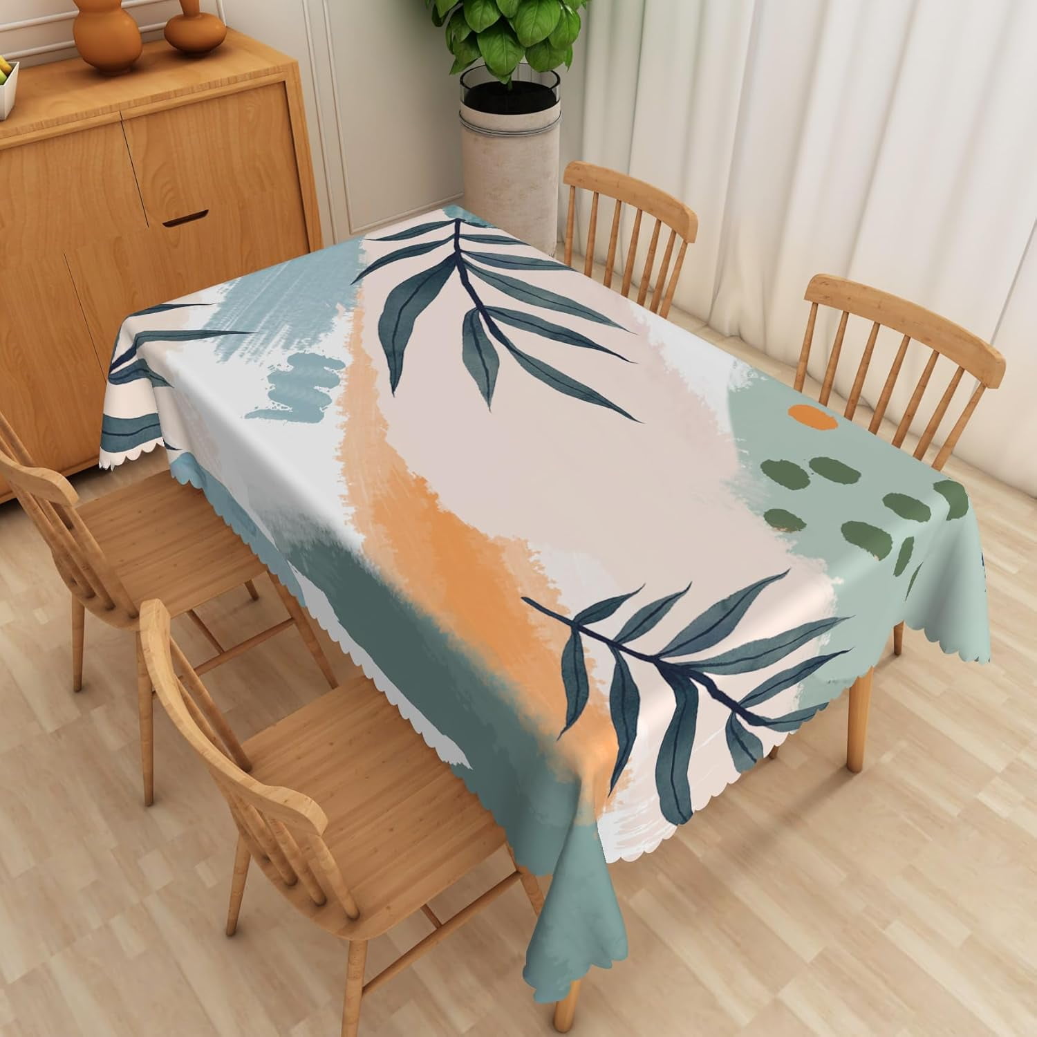 Boho Mid Century Tablecloth,60x102 Inch Abstract Watercolor Green