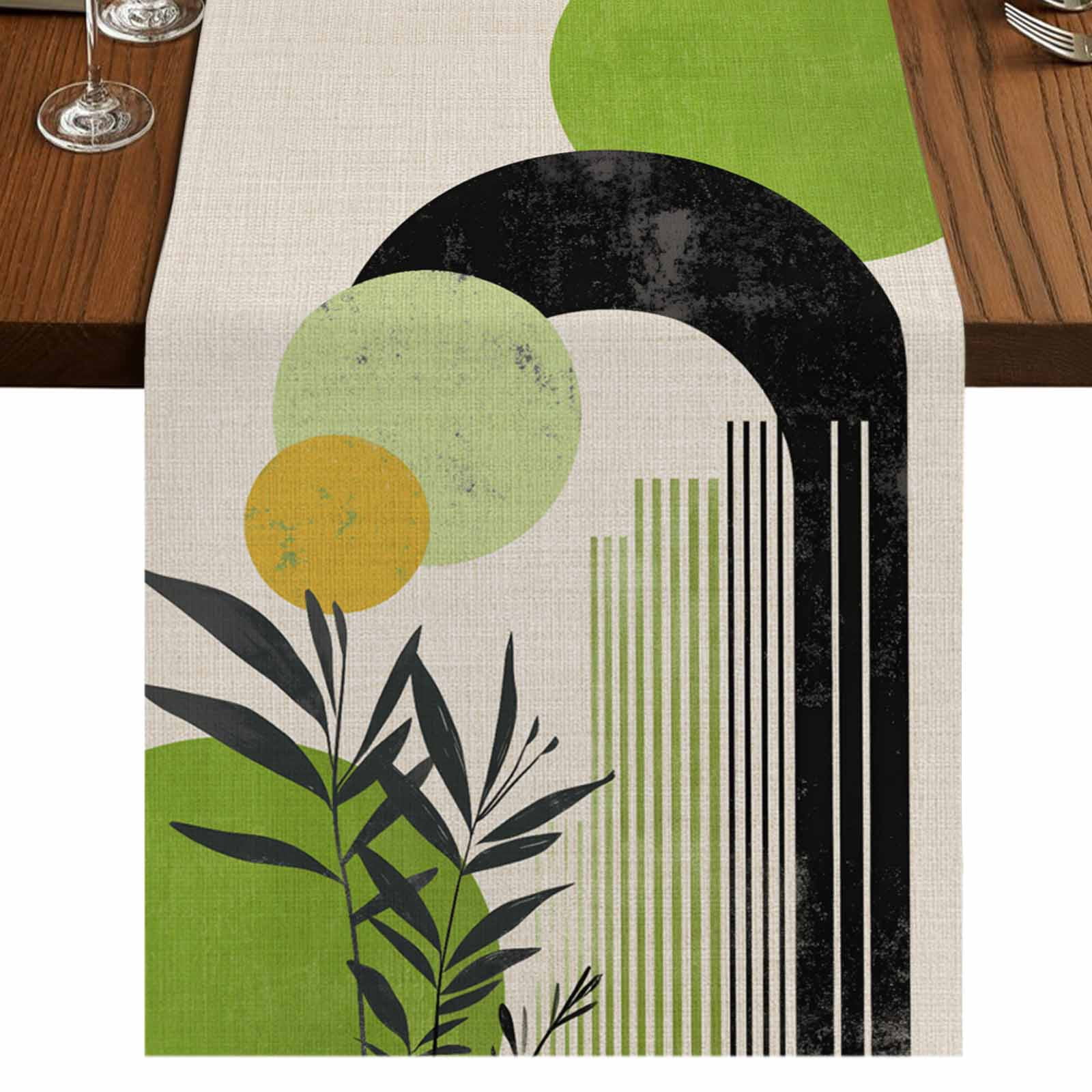 Boho Middle Century 36 Inch Table Runner, Abstract Green Geometric ...