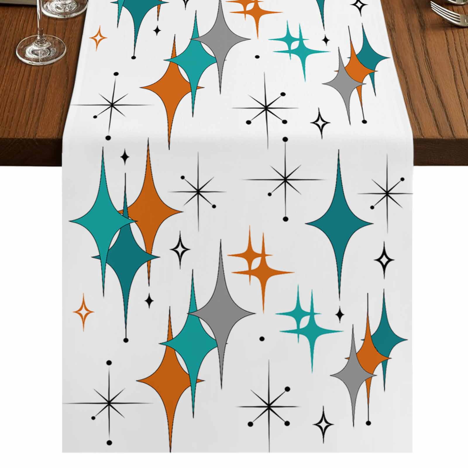 Boho Middle Century 60 Inch Table Runner, Retro Orange Teal Grey Star ...
