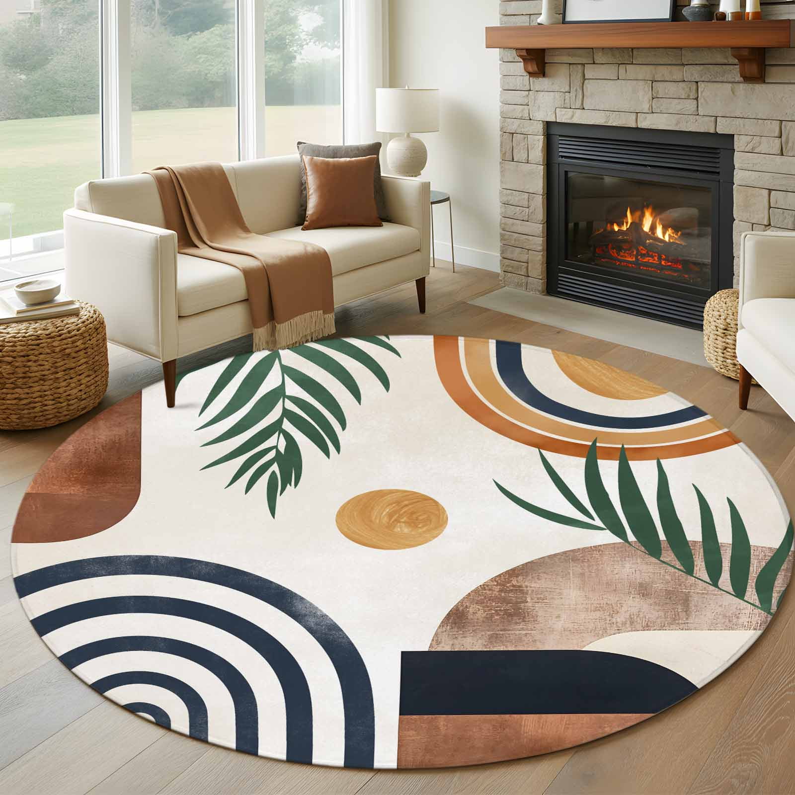 Boho Middle Century 6ft Round Rug, Modern Abstract Botanical Geometric Non-Skid Rubber Backing Large Area Rugs - Living Room Bedroom Home Office, Indoor Floor Mat Carpets Washable Rug