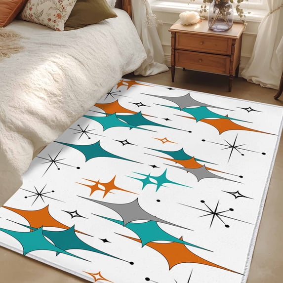 Boho Middle Century Area Rugs 4x6 for Living Room, Retro Orange Teal Grey Star Rhombus Non Slip Washable Rug Runner, Low Pile Indoor Floor Carpet Mat Bathroom Rugs for Bedroom, Kids Room