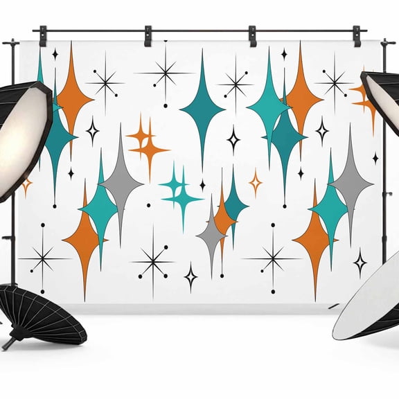 Boho Middle Century Backdrop for Photography,Fabric Photo Background Backdrop,Retro Orange Teal Grey Star Rhombus Photo Booth Background for Portrait Photoshoot Video Wedding Studio Banner 7x5ft