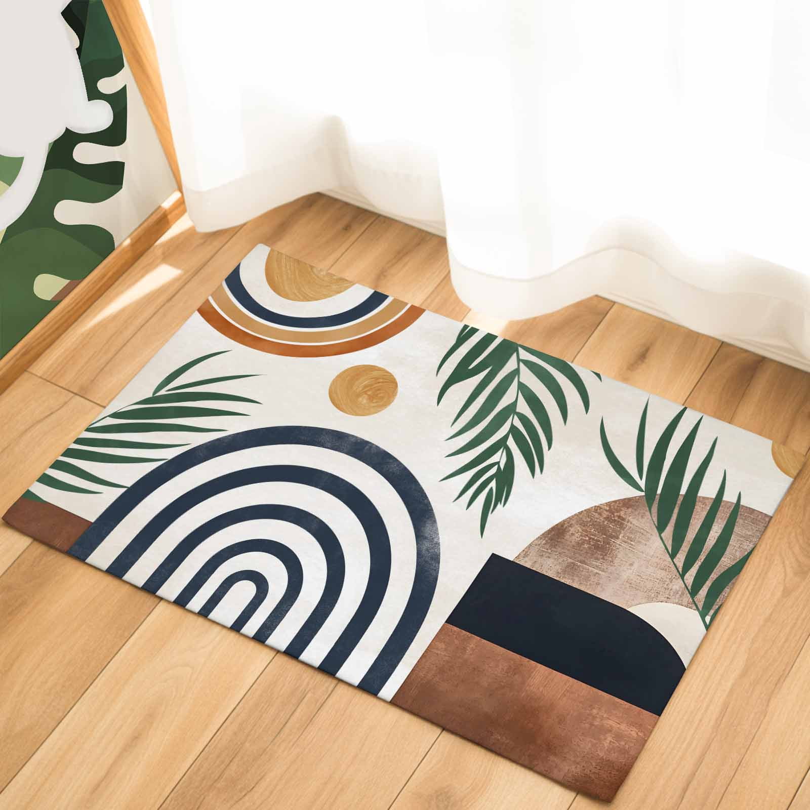 Boho Middle Century Indoor Door Mat - 18"x30", Non-Slip Welcome Mat for Outdoor, Modern Abstract Botanical Geometric Front Doormat for Entry, Low-Profile Doormat Entrance Rug for Kitchen/Bathroom