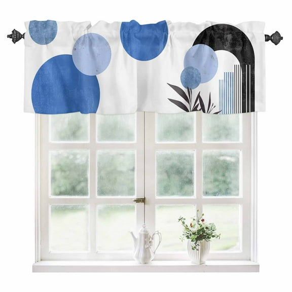 Boho Middle Century Kitchen Valances for Windows 60x18 Inch Kitchen Curtains Valances Rod Pocket Abstract Blue Geometric Botanical Bathroom Window Valances for Window Treatment Decor