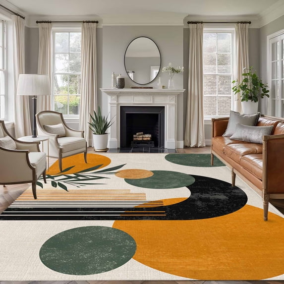 Boho Middle Century Large Area Rug 8x10 FT, Non Slip Living Room Throw Carpet, Abstract Orange Geometric Leaves Washable Soft Indoor Outdoor Carpet Non-Shedding Rug for Bedroom Dining Room