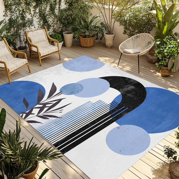 Boho Middle Century Outdoor Rug 5x7 Ft - Reversible Patio Rug Outdoor Camping Rugs, Abstract Blue Geometric Botanical Washable Indoor Outdoor Area Rugs, Non-Slip Outdoor Carpet Runner for Deck/Porch