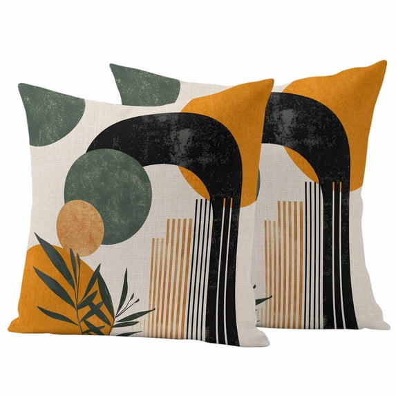 Boho Middle Century Outdoor Waterproof Pillow Covers, Abstract Orange Geometric Leaves Decorative Square Throw Pillowcase Sofa Cushion Sham for Patio/Couch/Chair, 16"x16" 2 Pack