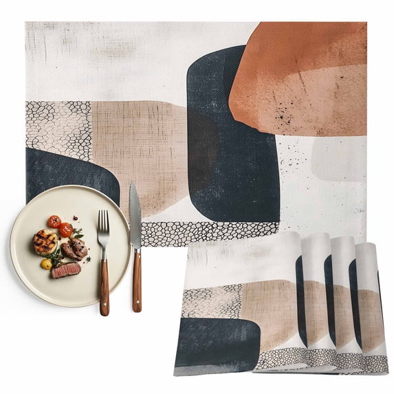 Boho Middle Century Placemats Set of 6, Abstract Modern Color Block Geometric Washable Wipeable Table Mats for Dining Tables, Indoor Outdoor Kitchen Place Mats for Holiday Party Table Decor