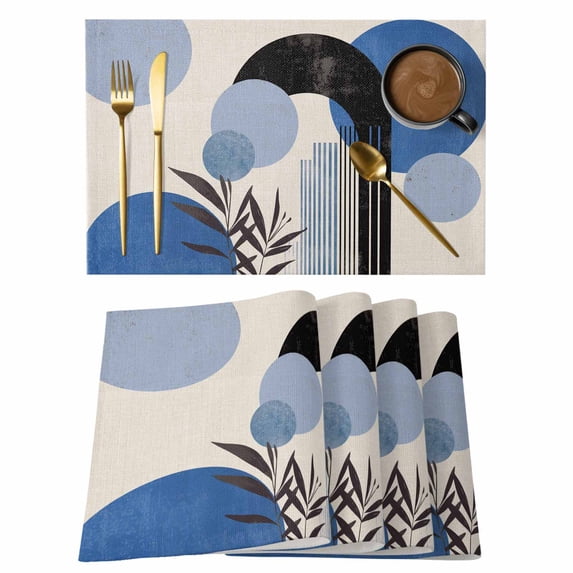 Boho Middle Century Placemats Set of 8 Abstract Blue Geometric Leaves Place Mats Indoor Wipeable Table Mats Washable Cloth Dining Table Placemats for Kitchen Holiday Party Home Decor 13x19 Inch