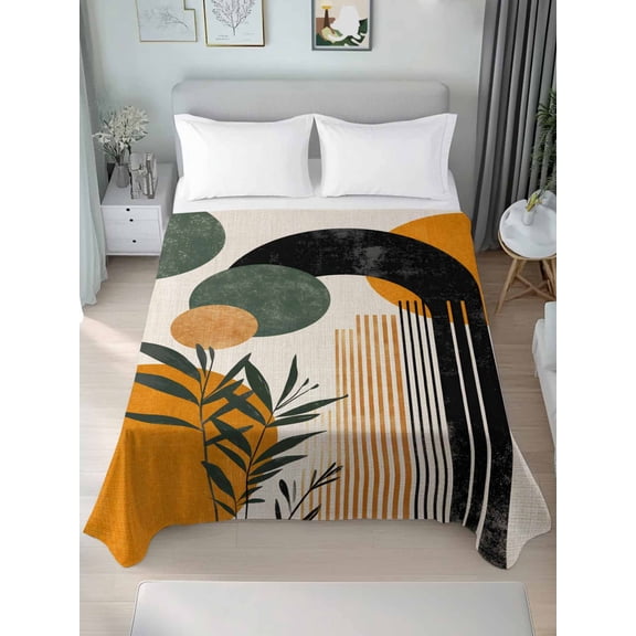 Boho Middle Century Queen Size Flat Sheet, Wrinkleproof & Fadeproof Cooling Flat Bed Sheet Only, Abstract Orange Geometric Leaves Breathable Soft Bedding Top Sheets 90 x 102 Inches