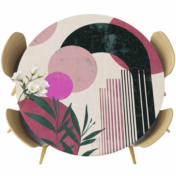 Boho Middle Century Round Tablecloth 36-44 Inch Round Fitted Table Cloth with Elastic Edge, Abstract Pink Geometric Leaves Waterproof Table Cover Protector for Outdoor Picnic Party Dining