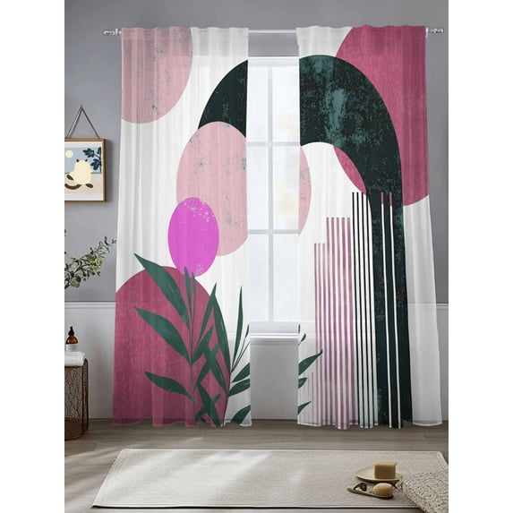 Boho Middle Century Sheer Curtains for Living Room Bedroom Abstract Pink Geometric Botanical Sheer Curtains 96 Inch Long 2 Panels Set Light Filtering Curtain Window Treatments Drapes for Dining Room