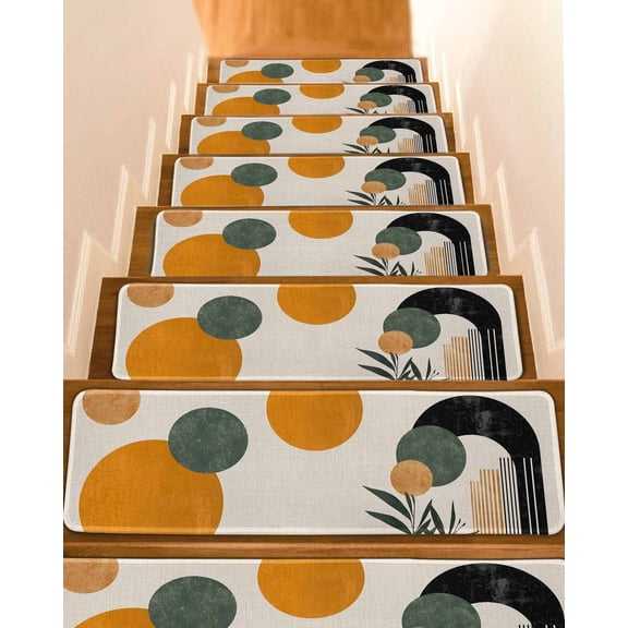 Boho Middle Century Stair Treads for Wooden Steps Indoor Runner Rug Carpet, Abstract Orange Geometric Leaves 4 Pieces Peel and Stick Staircase Step Treads Covers Washable Throw Door Mats, 30"x8"