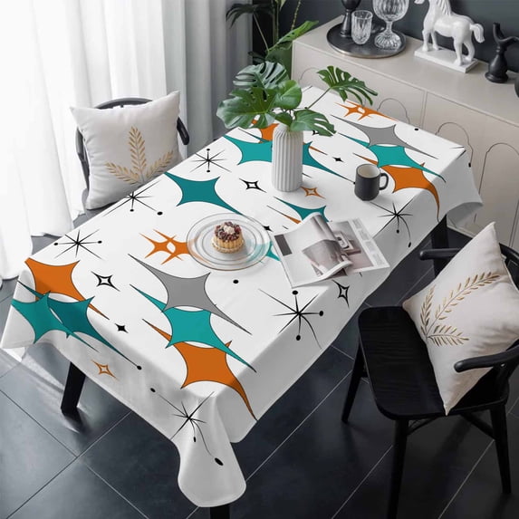 Boho Middle Century Table Cloth Waterproof Tablecloths, Retro Orange Teal Grey Star Rhombus Tablecloth Dining Table Cover for Kitchen Party Tabletop Outdoor, Rectangle Tablecloth 54x108 Inch