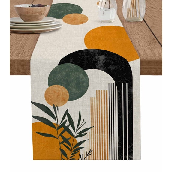 Boho Middle Century Table Runner 72 Inches, Abstract Orange Geometric Leaves Bed Runner Dresser Scarves Tabletop for Indoor Outdoor Parties/Ceremony/Banquet, 16" x 72"