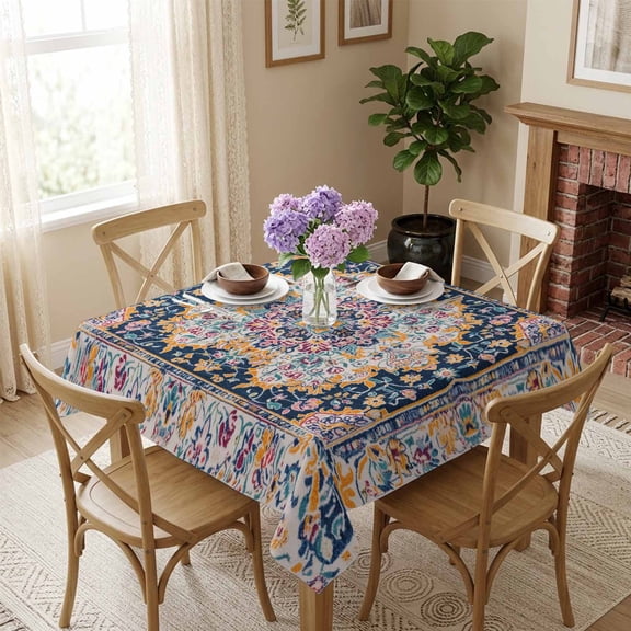 Boho Middle Eastern Floral Square Tablecloth 60x60 Inch Vintage Ethnic Style Waterproof Polyester Tablecloth for Dining Table, Washable Table Cover for Kitchen Dining Room Decoration,Stain Resistant