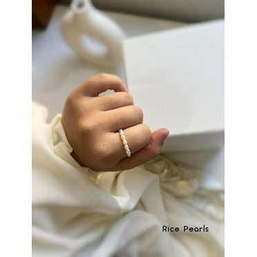 Boho Mini Pearl Beaded Stretch Ring, Stackable Freshwater Pearl Ring