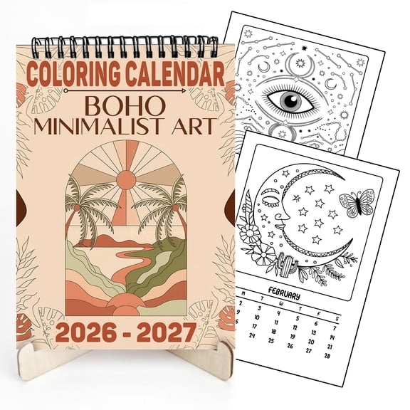Boho Minimalist Art Coloring Desk Calendar 2026–2027, A5 Wooden Cover Planner with 26 Easy Coloring Pages for Adult Relaxation, 24 Month Desktop Calendar with Stand, Gift for Family & Friends