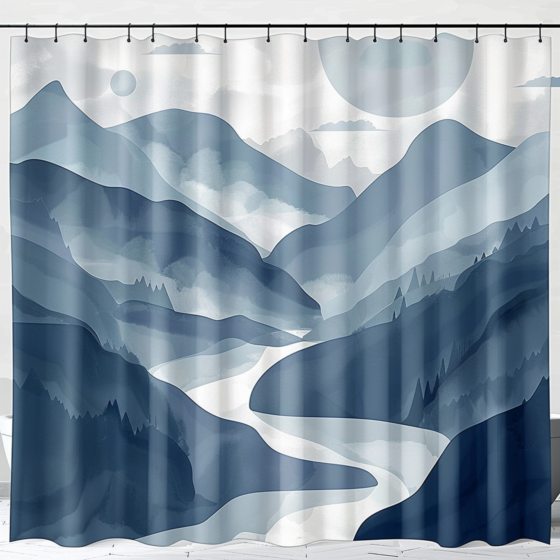 Boho Minimalist Mountain Landscape Shower Curtain Blue & White River