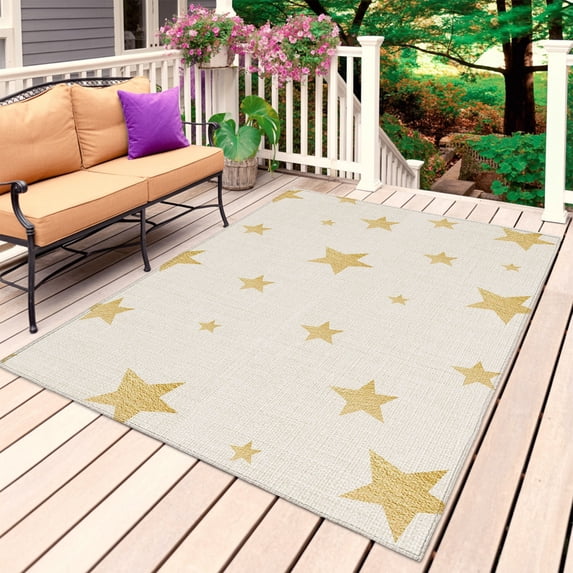 Boho Minimalist Outdoor Rug for Patio/Deck/Porch, Non-Slip Large Area Rug 6 x 9 Ft, Gold Cream Minimalist Motif Indoor Outdoor Rugs Washable Area Rugs, Reversible Camping Rug Carpet Runner