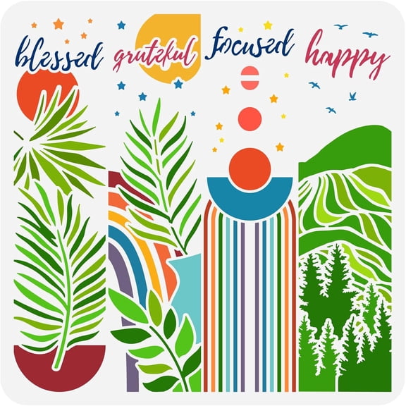 Boho Minimalist Stencil 11.8x11.8 inch Mountain Leaves Landscape Stencil with Words Plastic Palm Leaves Sun Mountain Patterns Stencil Template Reusable Stencil for Art Sign Decor DIY