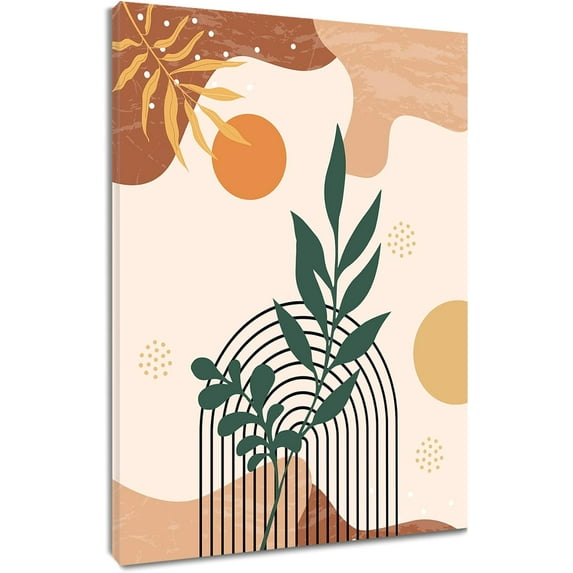 Boho Minimalist Wall Art Mid Century Modern Plant Green and Gold Leaf Botanical Canvas Wall Art Abstract Painting Art Home Decor For Bathroom Living Room Bedroom Framed Ready To Hang, 16x24 Inch