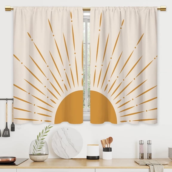 Boho Minimalist Yellow Sun Kitchen Curtains Modern Neutral Bathroom Curtains Window Treatment Drapes Tier Bohemian Abstract Cafe Small Bedroom Short French Door Curtains 2 Panels 27.5x39 Inch