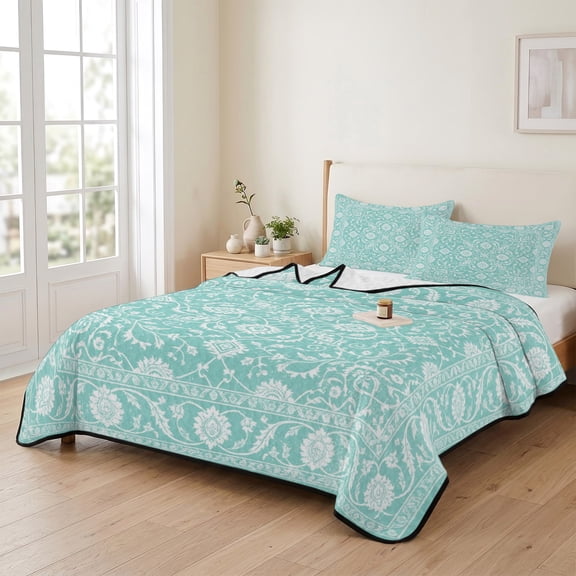 Boho Mint Green Paisley Floral 3 Pieces Quilt Set,1 Quilt with 2 Shams,Abstract Wild Flower Bedspread Soft Lightweight Bedding Coverlet Comforter Set for All Season 90"x96"