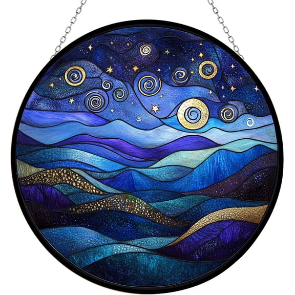 Boho Misty Mountains and Twinkling Stars Stained Glass Window Hanging Sun Catcher Halloween Haning Ornament Decoration Christmas Birthday Gifts for Lover Friends Mother Day