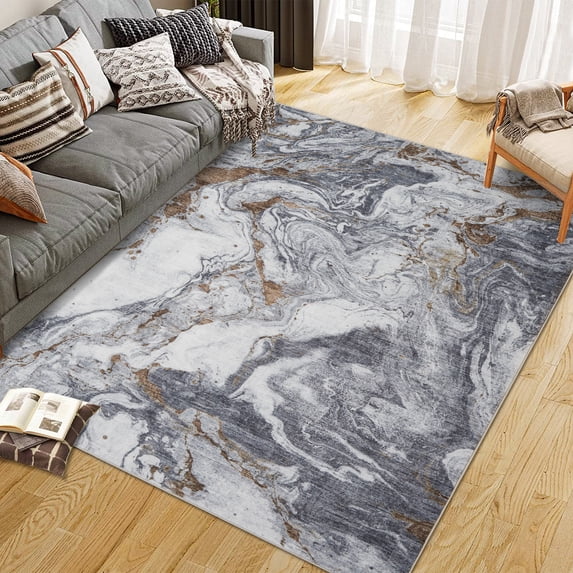 Boho Modern Abstract Area Rug 5x7 Machine Washable, Non-Slip Backing, Soft Low Pile Faux Wool Carpet for Living Room, Bedroom, Dining Room
