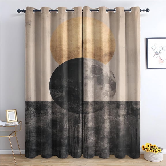 Boho Modern Abstract Curtains for Bedroom Living Room, Circle Design Blackout Curtains Home Decor, Beige Black Patterned Window Treatments, Grommet Drapes-42"W x 45"L (Pack of 2)