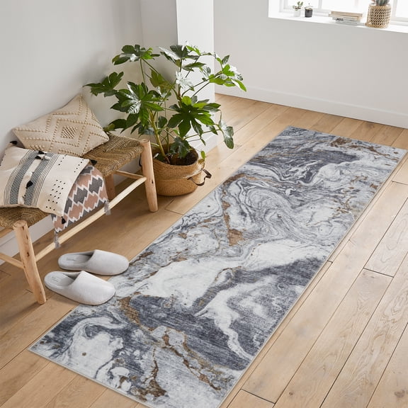 Boho Modern Abstract Runner Rug 2x6 Machine Washable, Non-Slip Backing, Soft Low Pile Faux Wool Carpet for Kitchen Entryway Hallway