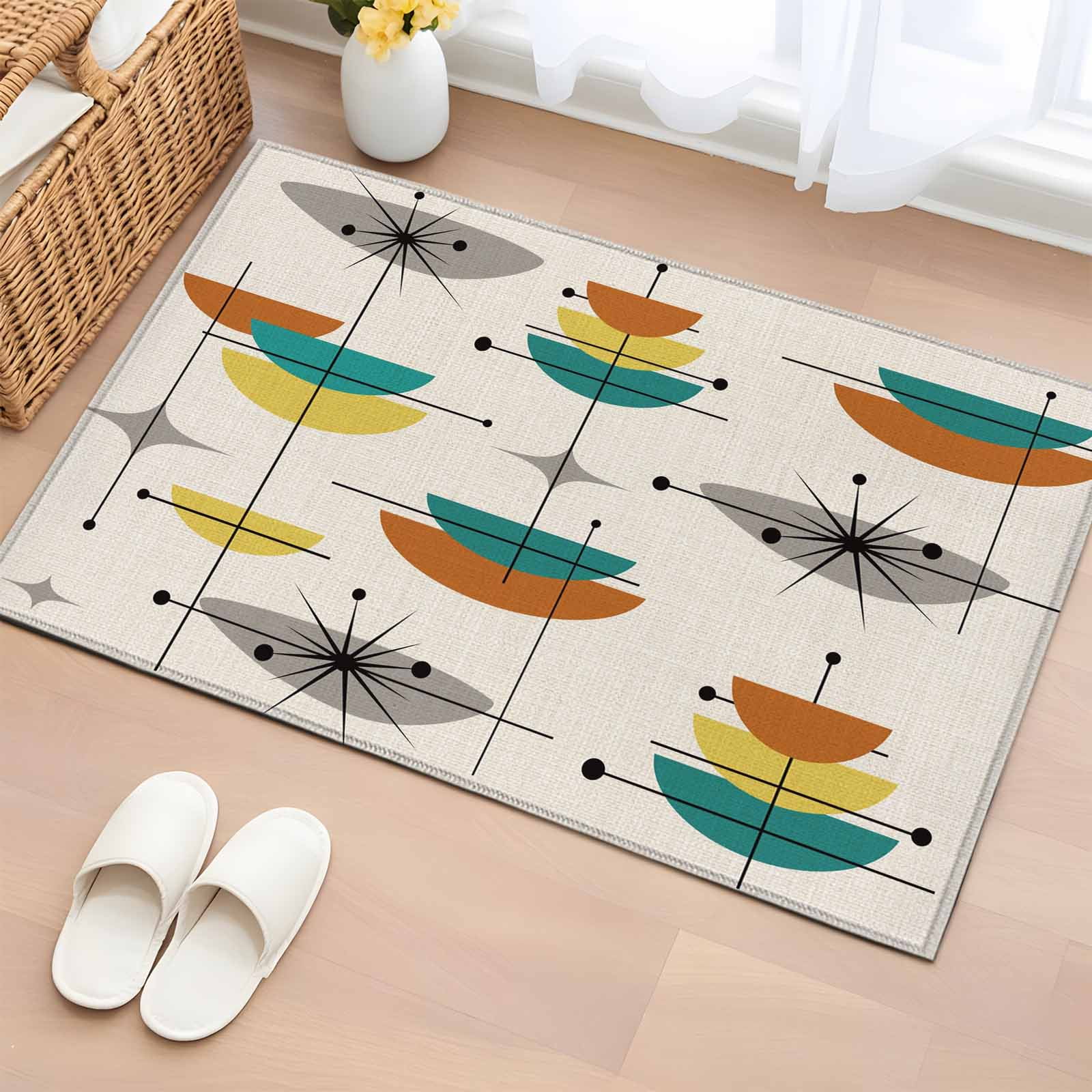 Boho Modern Area Rugs 2x3 for Living Room, Middle Century Teal Yellow Orange Geometric Non Slip Washable Rug Runner, Low Pile Indoor Floor Carpet Mat Bathroom Rugs for Bedroom, Kids Room