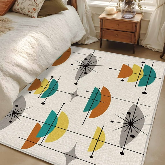 Boho Modern Area Rugs 3x5 for Living Room, Middle Century Teal Yellow Orange Geometric Non Slip Washable Rug Runner, Low Pile Indoor Floor Carpet Mat Bathroom Rugs for Bedroom, Kids Room